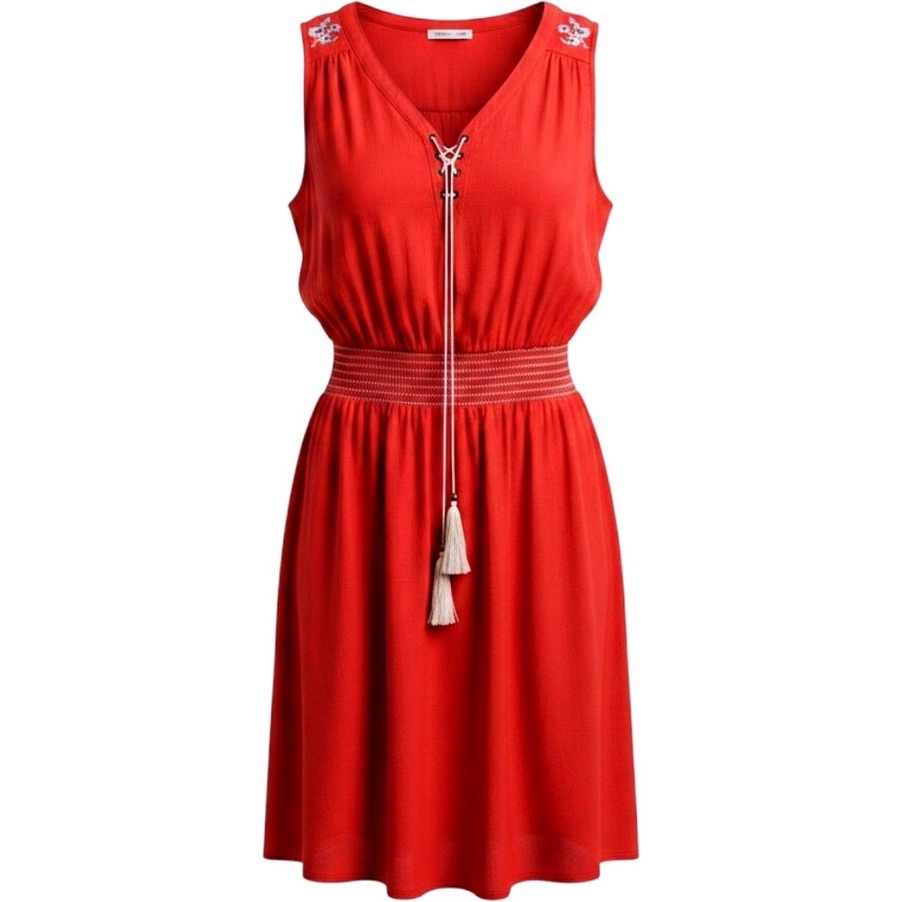 Vtg Marineblu Red Oriental Dress Large SirenEmbroidered Tassel Smocked Mini #678
